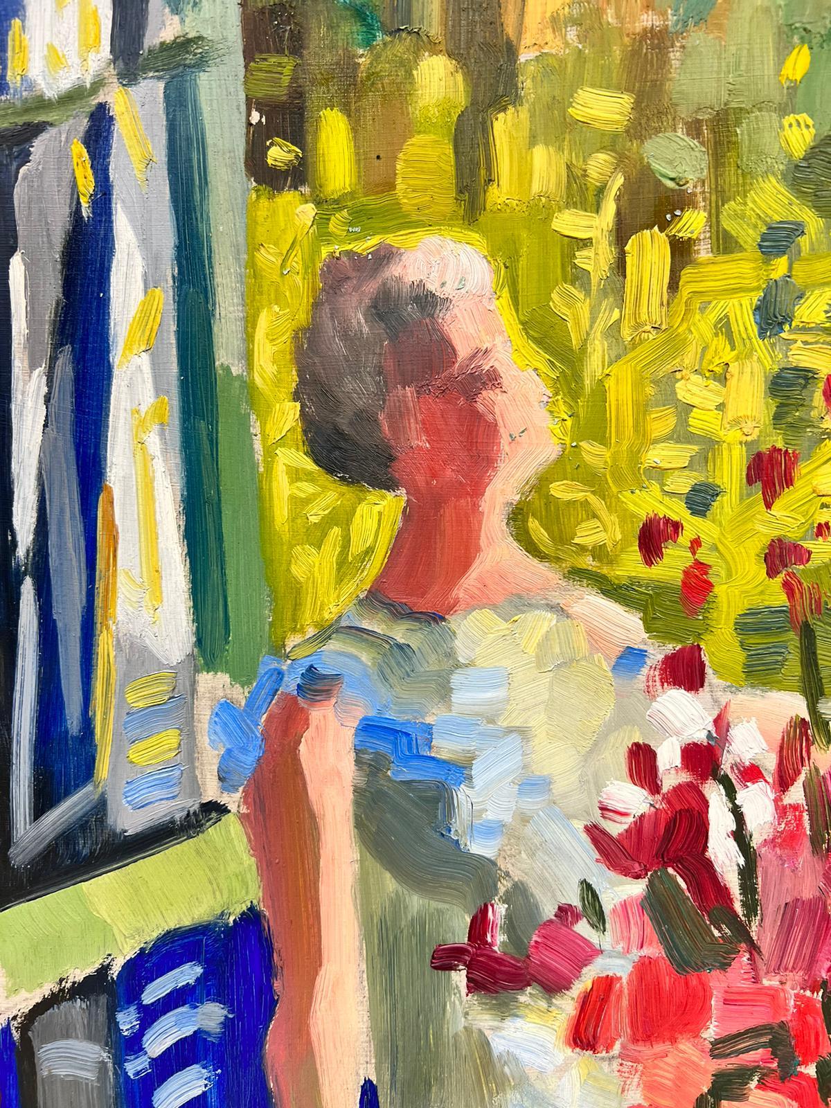 1970''s Lady Looking At View The From The Window French Post Impressionist Oil  - Post-impressionnisme Painting par Josine Vignon