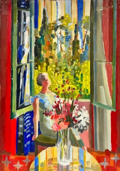 1970's Lady Looking At View The From The Window Olio francese post impressionista