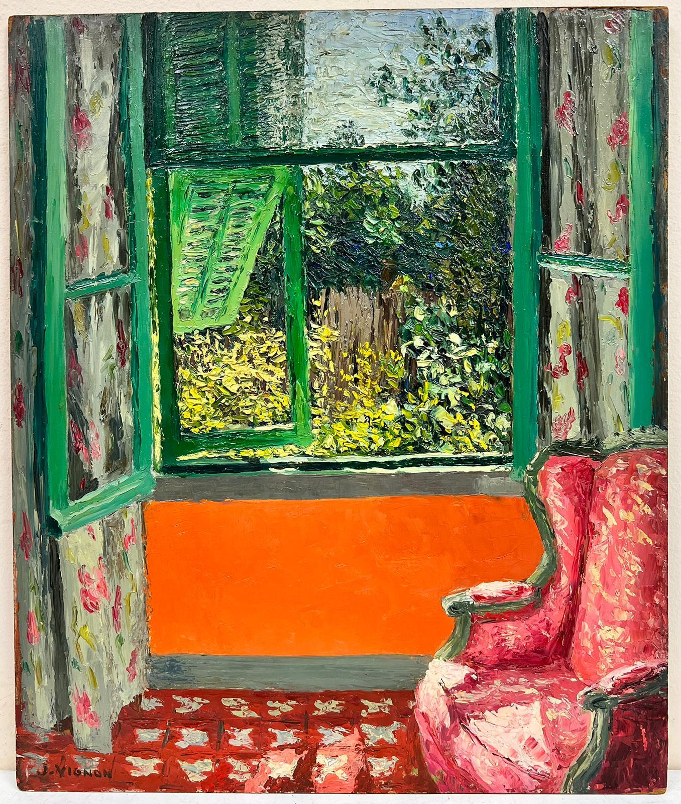 Vue de la scène intérieure d'une fenêtre, huile post-impressionniste française, signée, années 1970 - Painting de Josine Vignon