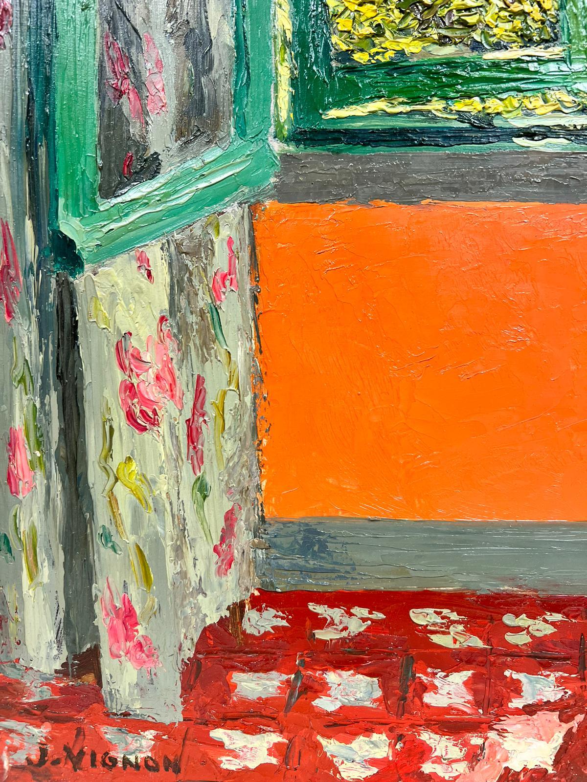 Vue de la scène intérieure d'une fenêtre, huile post-impressionniste française, signée, années 1970 2