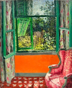 Vue de la scène intérieure d'une fenêtre, huile post-impressionniste française, signée, années 1970