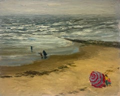 20th Century French Modernist Oil Family Group on Sandy Beach Rolling Sea Waves