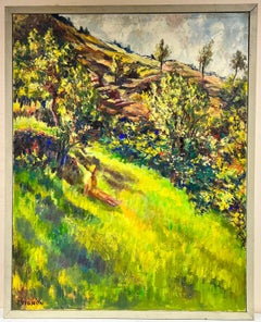 Olio post impressionista francese del XX secolo Signora in un paesaggio di prati verdi illuminati dal sole