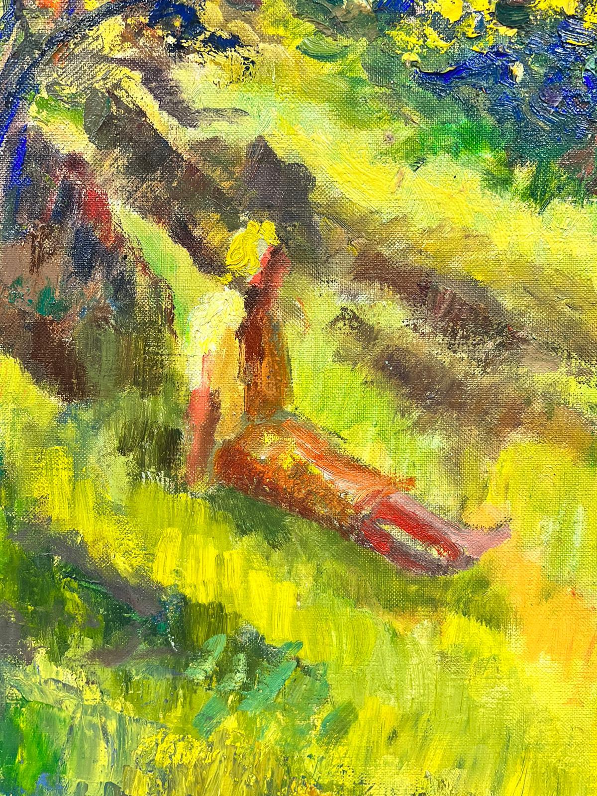 20th Century French Post Impressionist Oil Lady in Sunlit Green Meadow Landscape - Post-Impressionist Painting by Josine Vignon