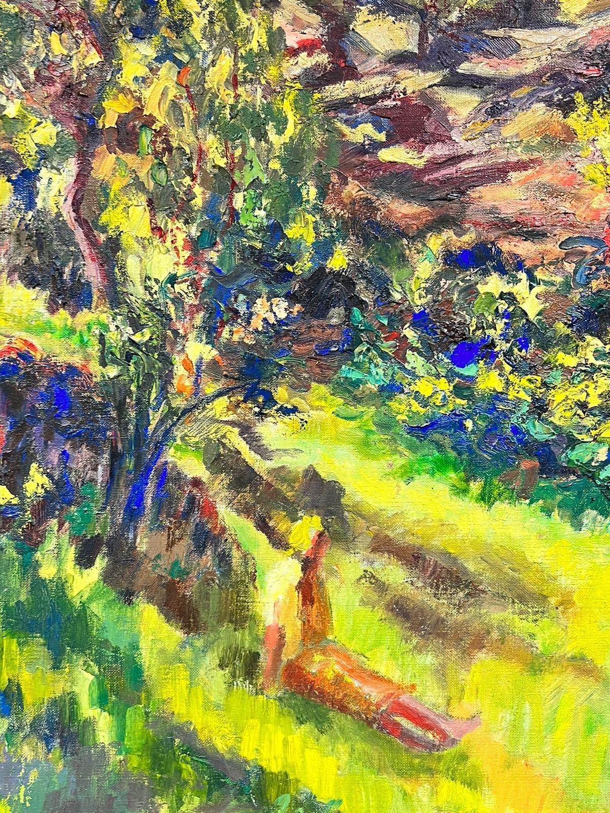 20th Century French Post Impressionist Oil Lady in Sunlit Green Meadow Landscape For Sale 1