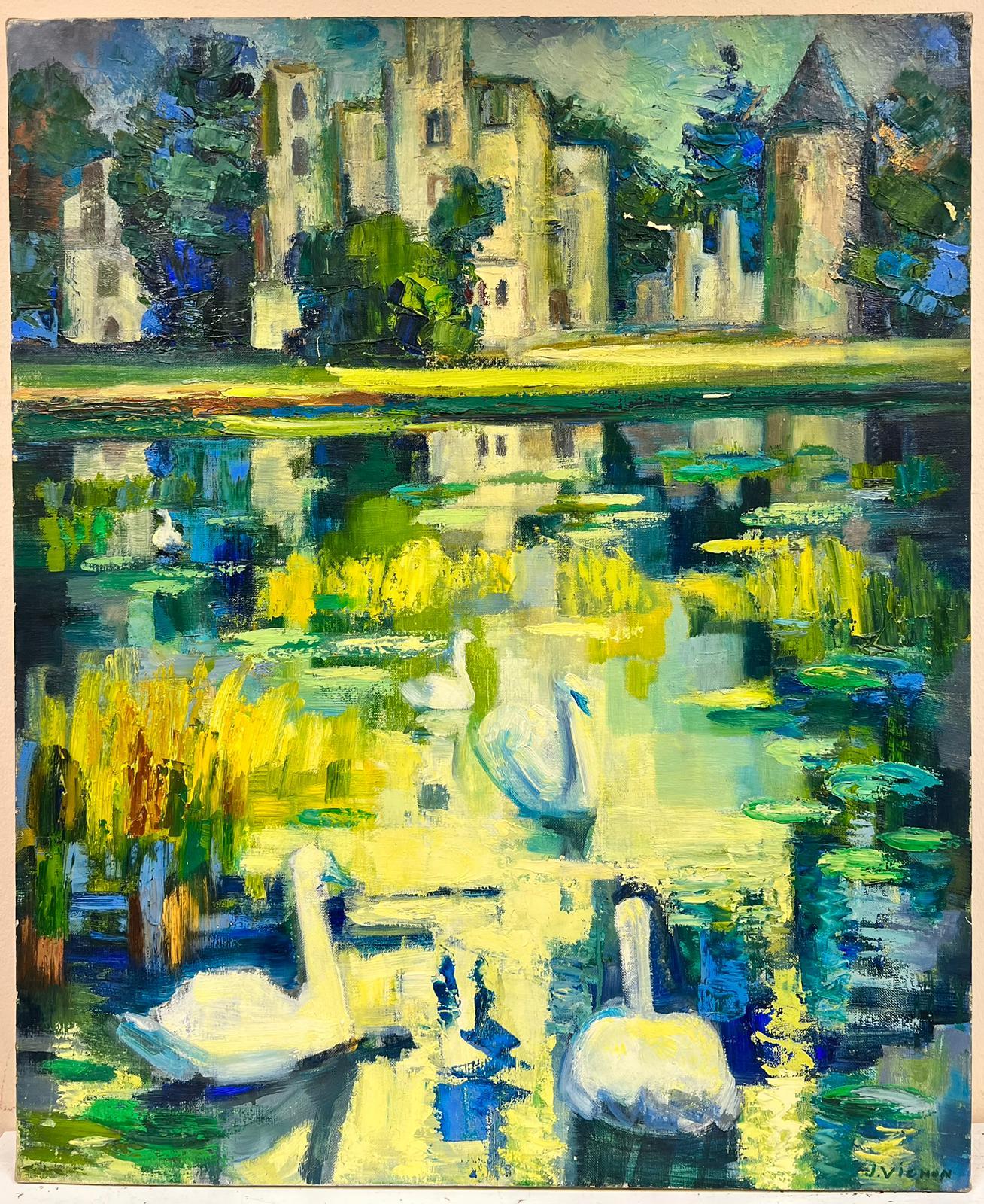 20th Century French Post Impressionist Oil Swans on Lily Pond Chateau Lake - Painting by Josine Vignon