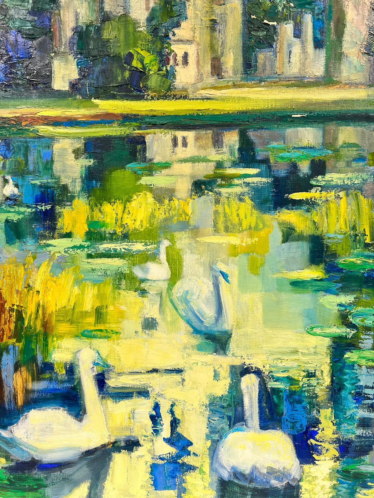 The Chateau Lake
by Josine Vignon (French 1922-2022)
signed front and back
oil painting on canvas, unframed

canvas: 29 x 24 inches

Colors: Green colors, blue, yellow and white

Very good condition though does have a few paint loss areas showing.