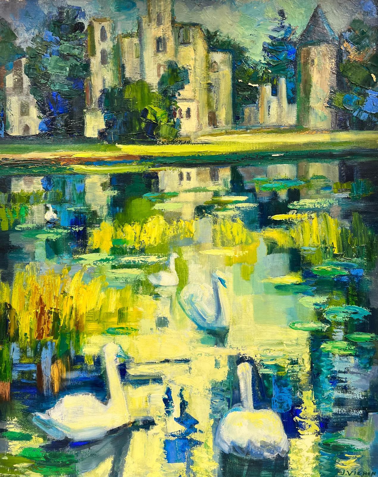 Josine Vignon Animal Painting - 20th Century French Post Impressionist Oil Swans on Lily Pond Chateau Lake