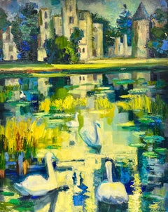 Retro 20th Century French Post Impressionist Oil Swans on Lily Pond Chateau Lake