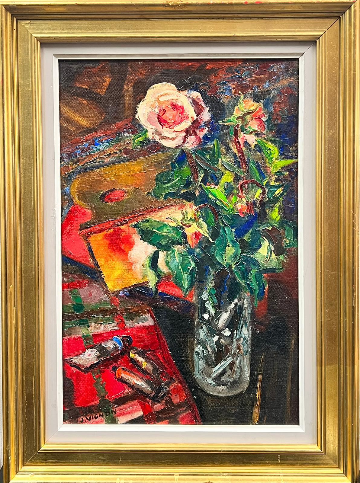 Josine Vignon Still-Life Painting - 20th Century French Still Life Flowers & Artists Studio Interior original oil