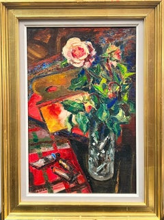 Nature morte française du 20ème siècle Fleurs et artistes Studio Interior huile originale