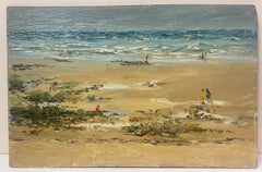 Pittura ad olio del 20° secolo Figure che camminano su una spiaggia atmosferica