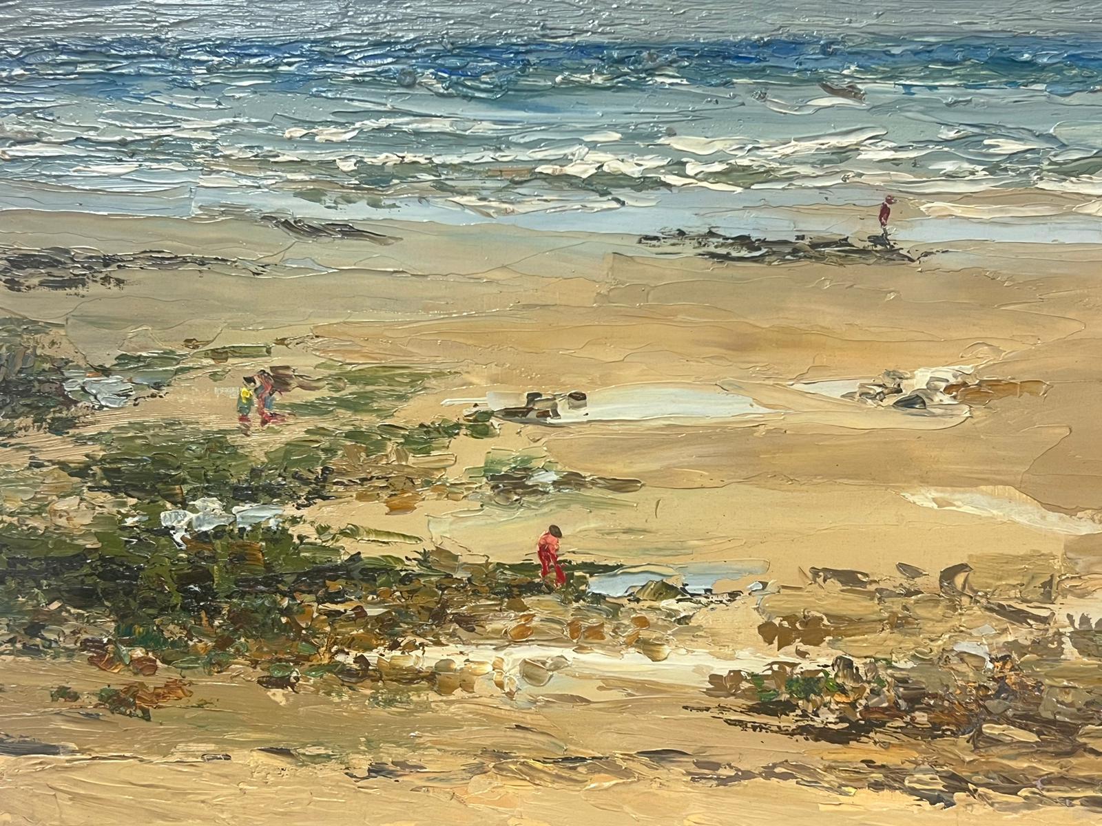 20th Century Oil Painting Figures Walking on Atmospheric Beach Coastline For Sale 1