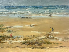 20th Century Oil Painting Figures Walking on Atmospheric Beach Coastline