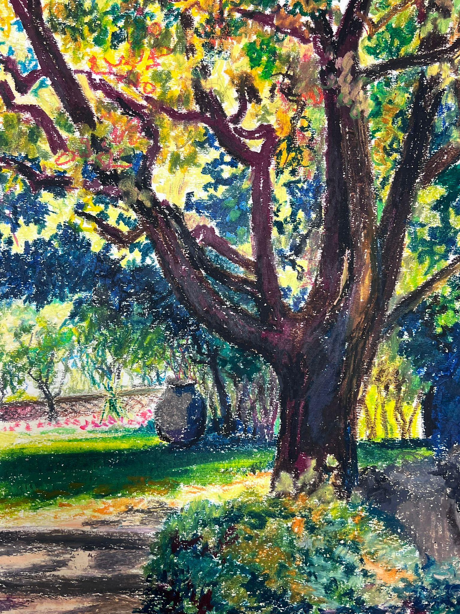 Französisches impressionistisches Pastellgemälde des 20. Jahrhunderts, Provence, gedämpftes Licht, Gartenweg (Impressionismus), Painting, von Josine Vignon