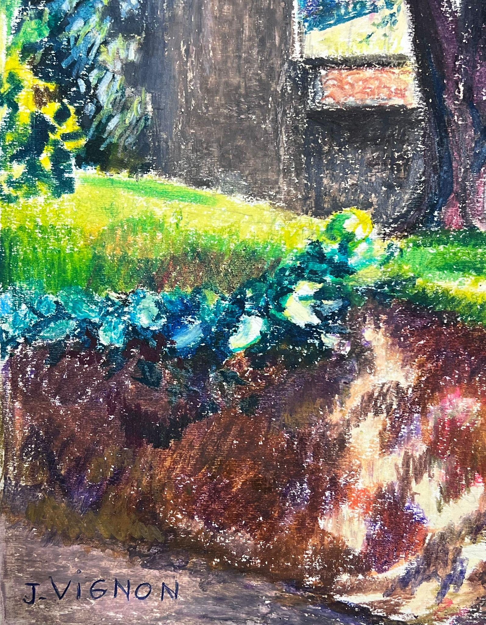 20° Quadro a pastello impressionista francese Provenza Sentiero del giardino alla luce del sole - Landscape Painting Grigio di Josine Vignon