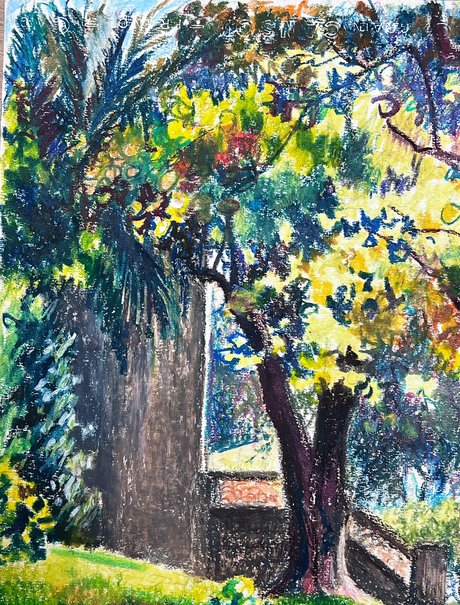 Französisches impressionistisches Pastellgemälde des 20. Jahrhunderts, Provence, gedämpftes Licht, Gartenweg im Angebot 1