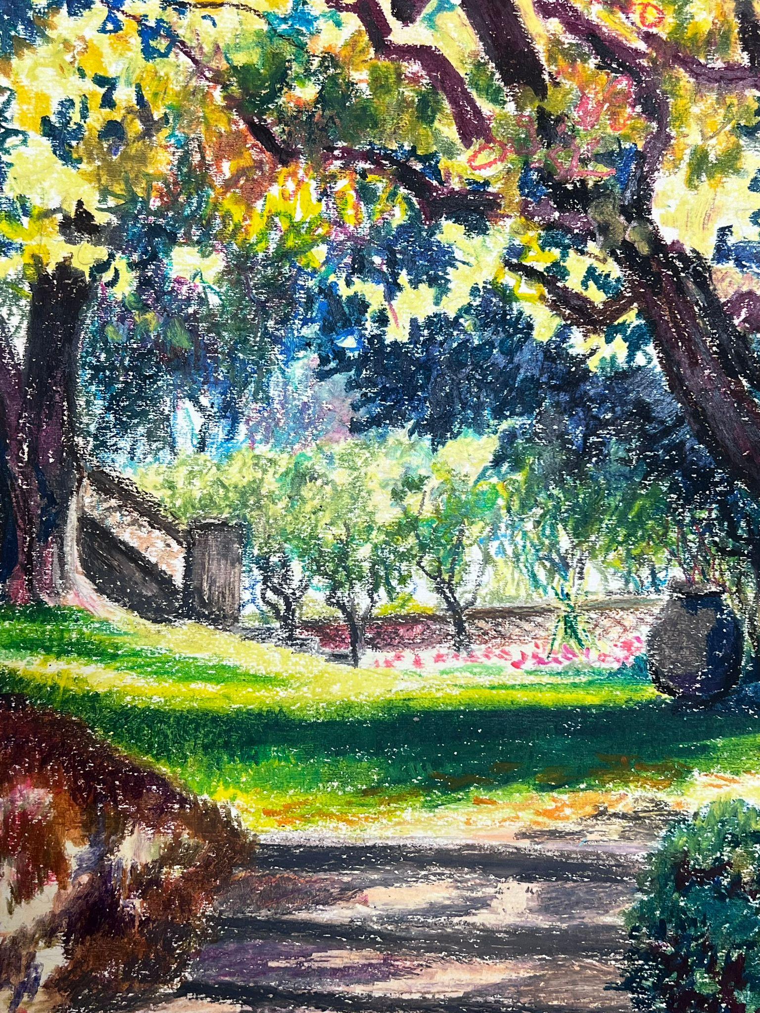 Französisches impressionistisches Pastellgemälde des 20. Jahrhunderts, Provence, gedämpftes Licht, Gartenweg im Angebot 2