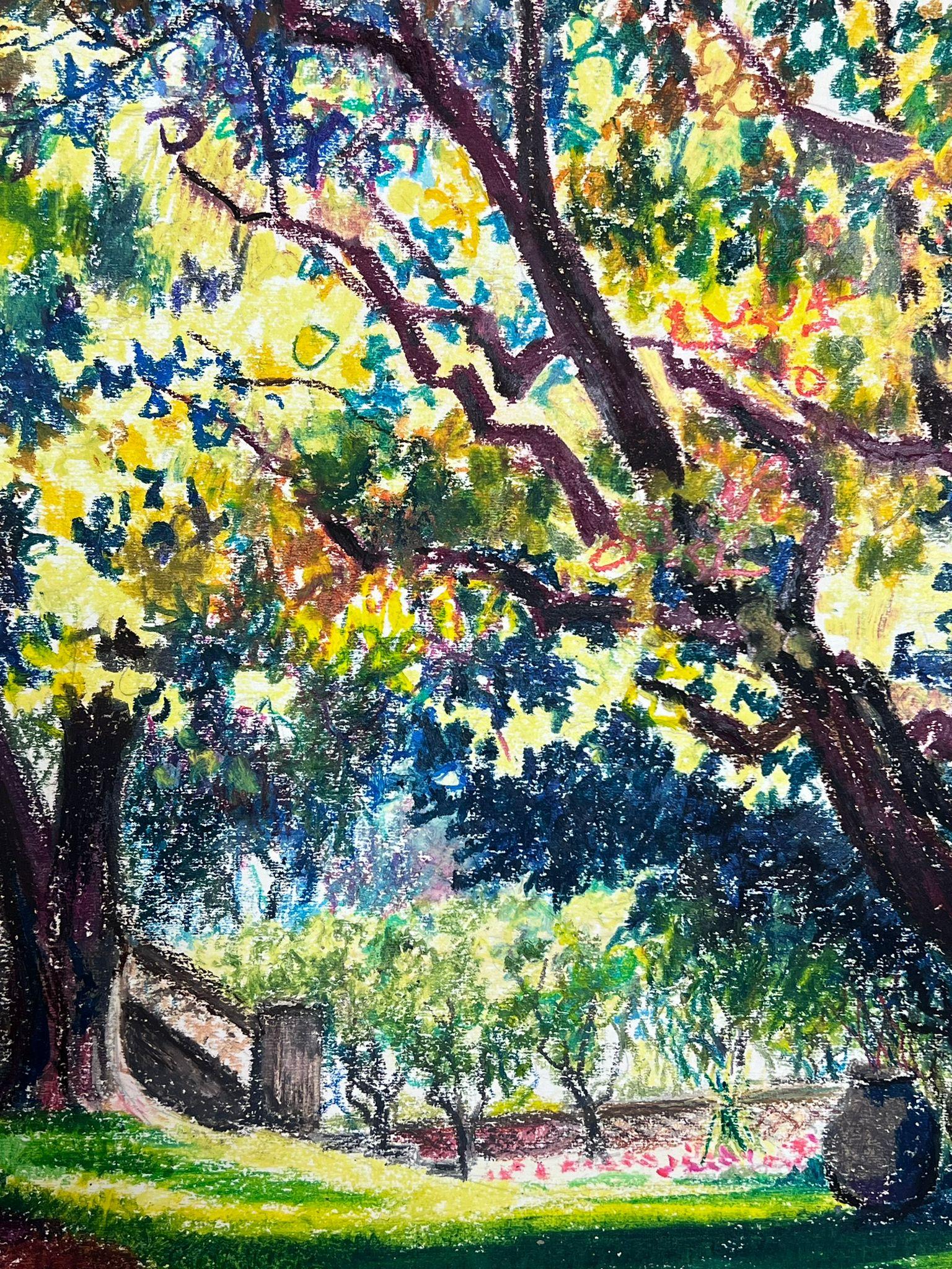 Französisches impressionistisches Pastellgemälde des 20. Jahrhunderts, Provence, gedämpftes Licht, Gartenweg im Angebot 3