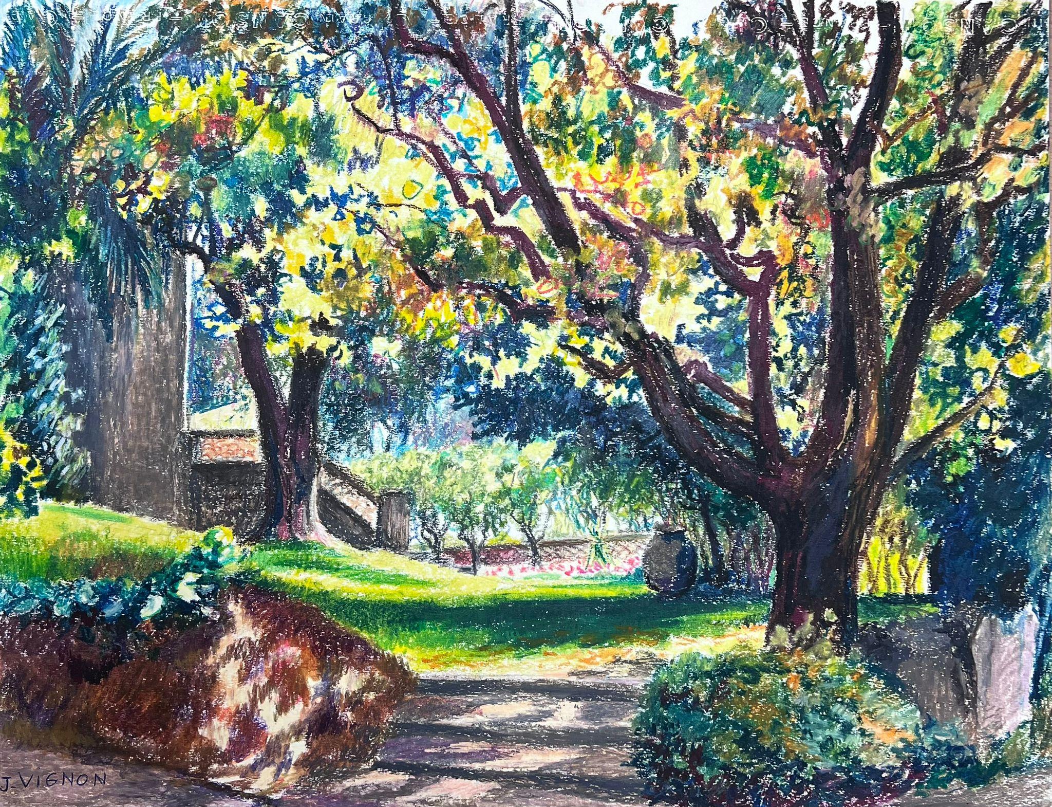 Josine Vignon Landscape Painting – Französisches impressionistisches Pastellgemälde des 20. Jahrhunderts, Provence, gedämpftes Licht, Gartenweg