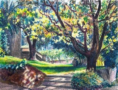 Retro 20th French Impressionist Pastel Painting Provence Dappled Light Garden Path