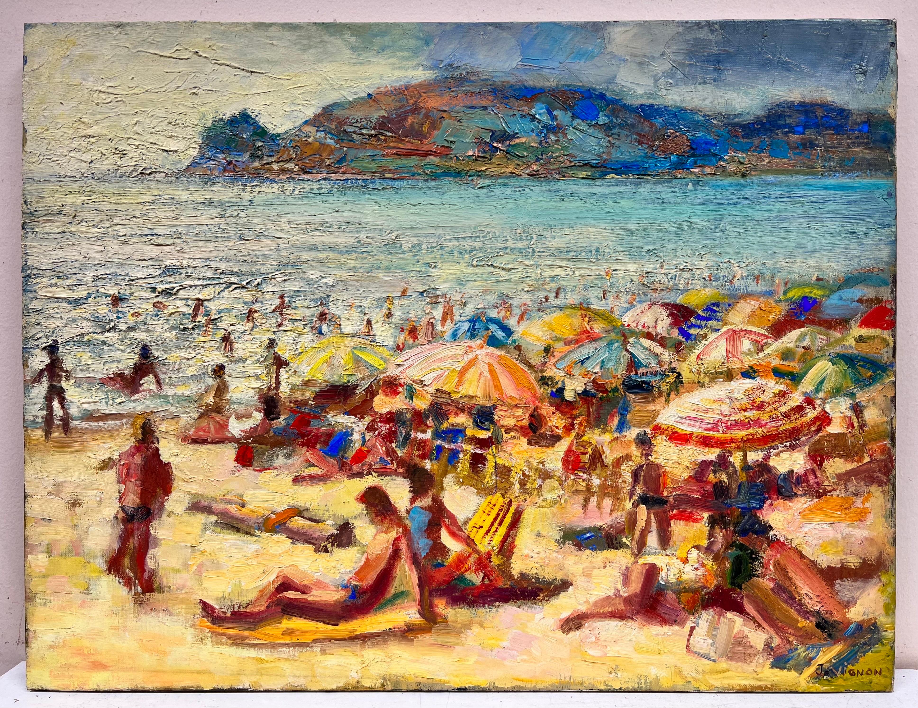 20th French Post Impressionist Oil Busy Summer Beach Scene Many Figures & Color - Painting by Josine Vignon