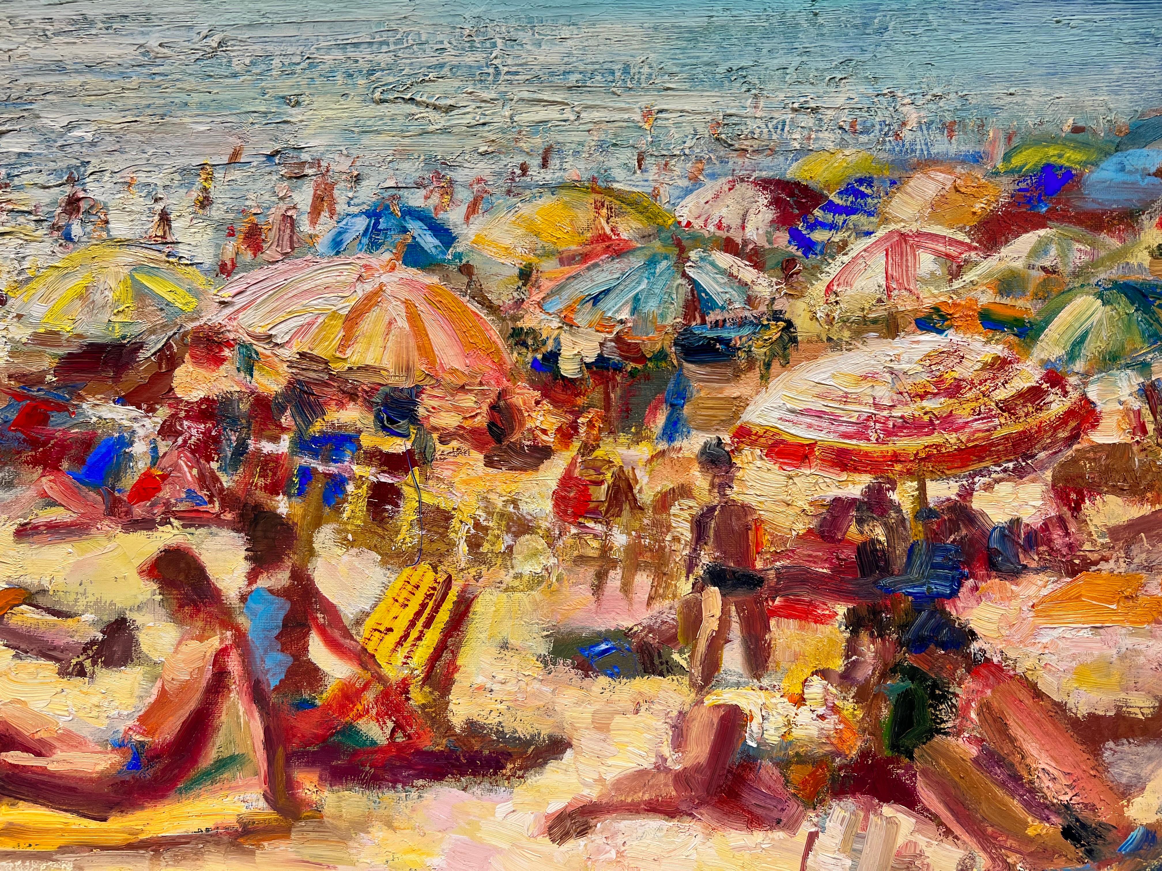 20th French Post Impressionist Oil Busy Summer Beach Scene Many Figures & Color - Post-Impressionist Painting by Josine Vignon