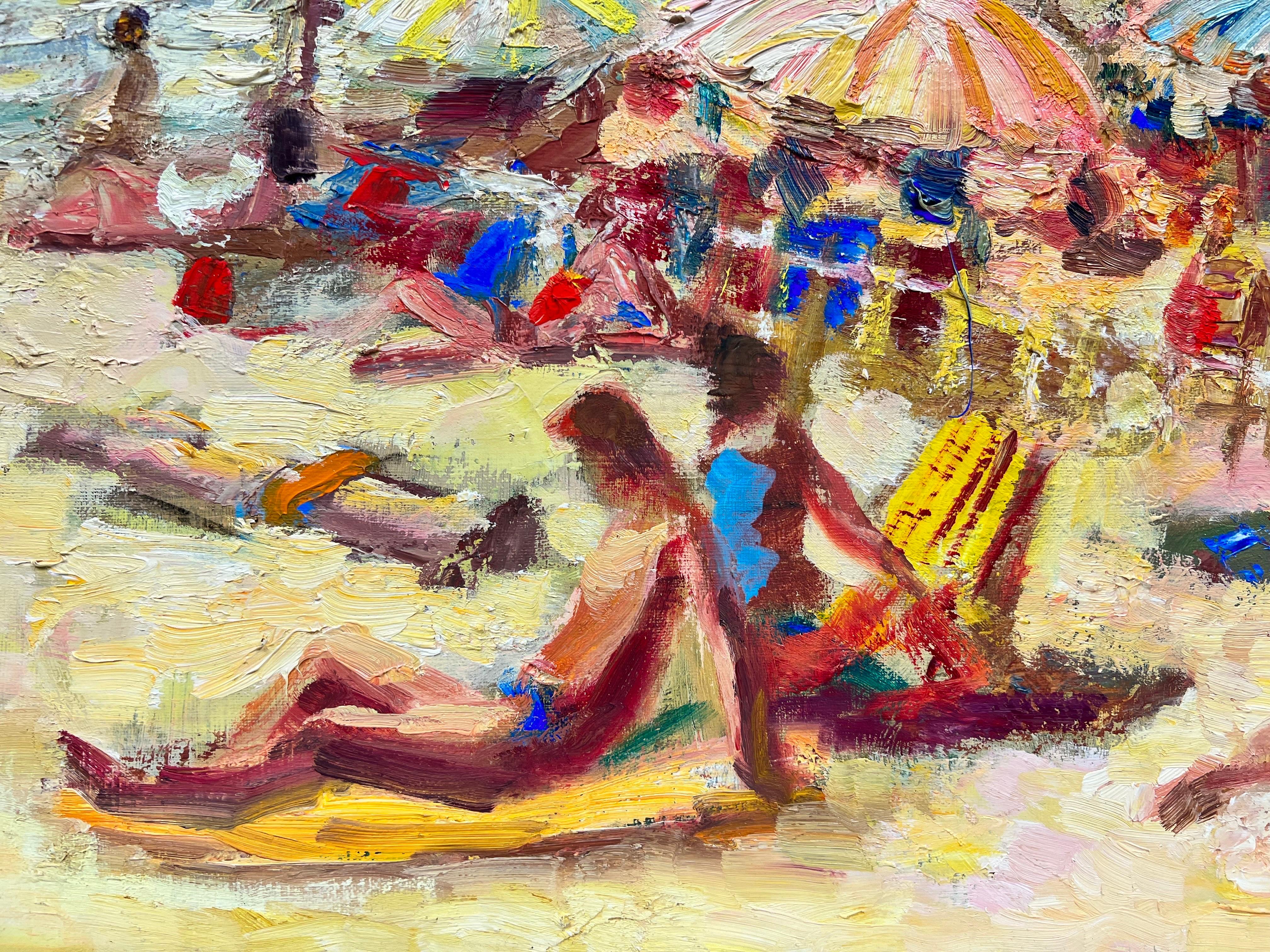 20th French Post Impressionist Oil Busy Summer Beach Scene Many Figures & Color For Sale 1