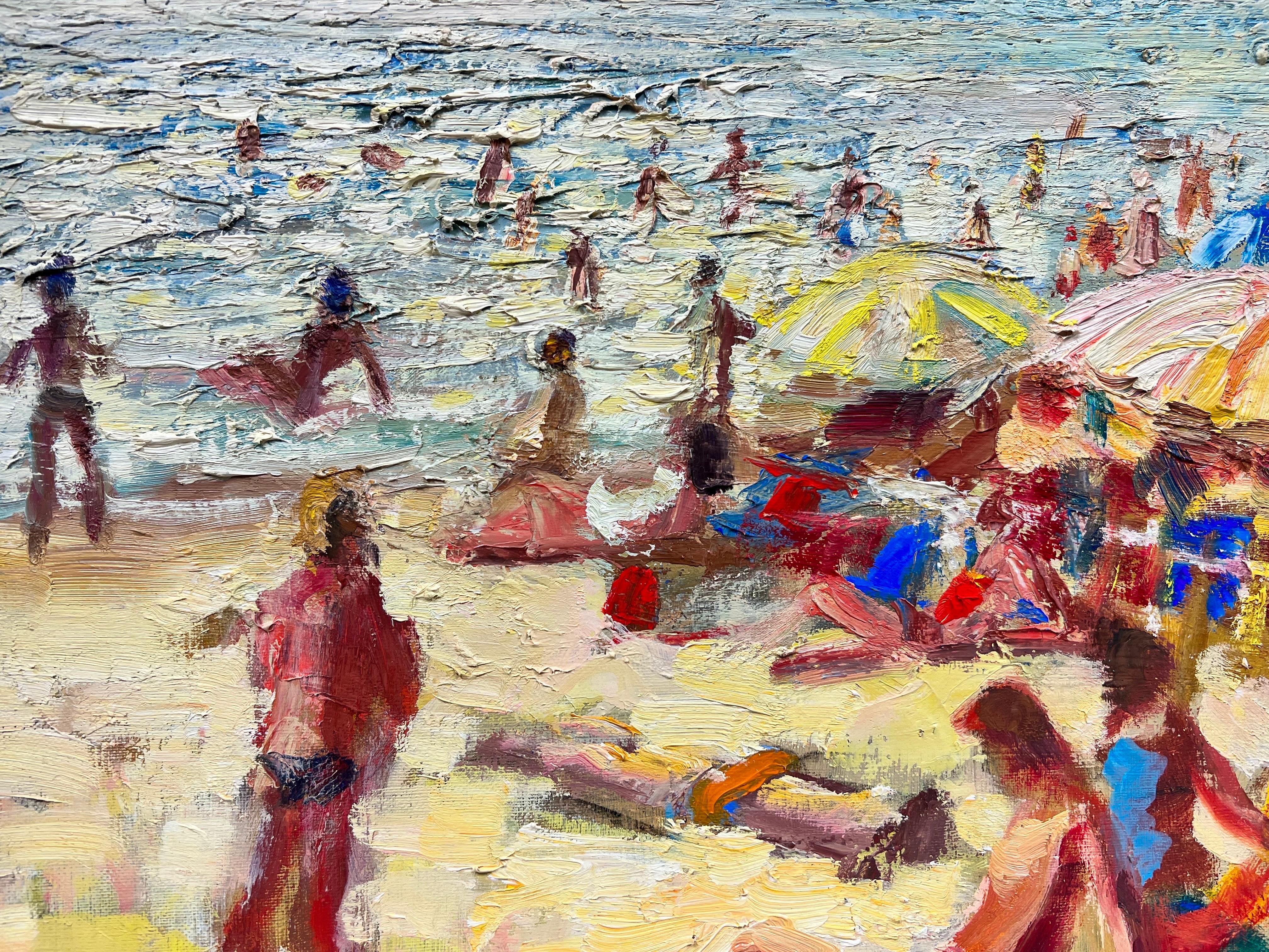 20th French Post Impressionist Oil Busy Summer Beach Scene Many Figures & Color For Sale 2
