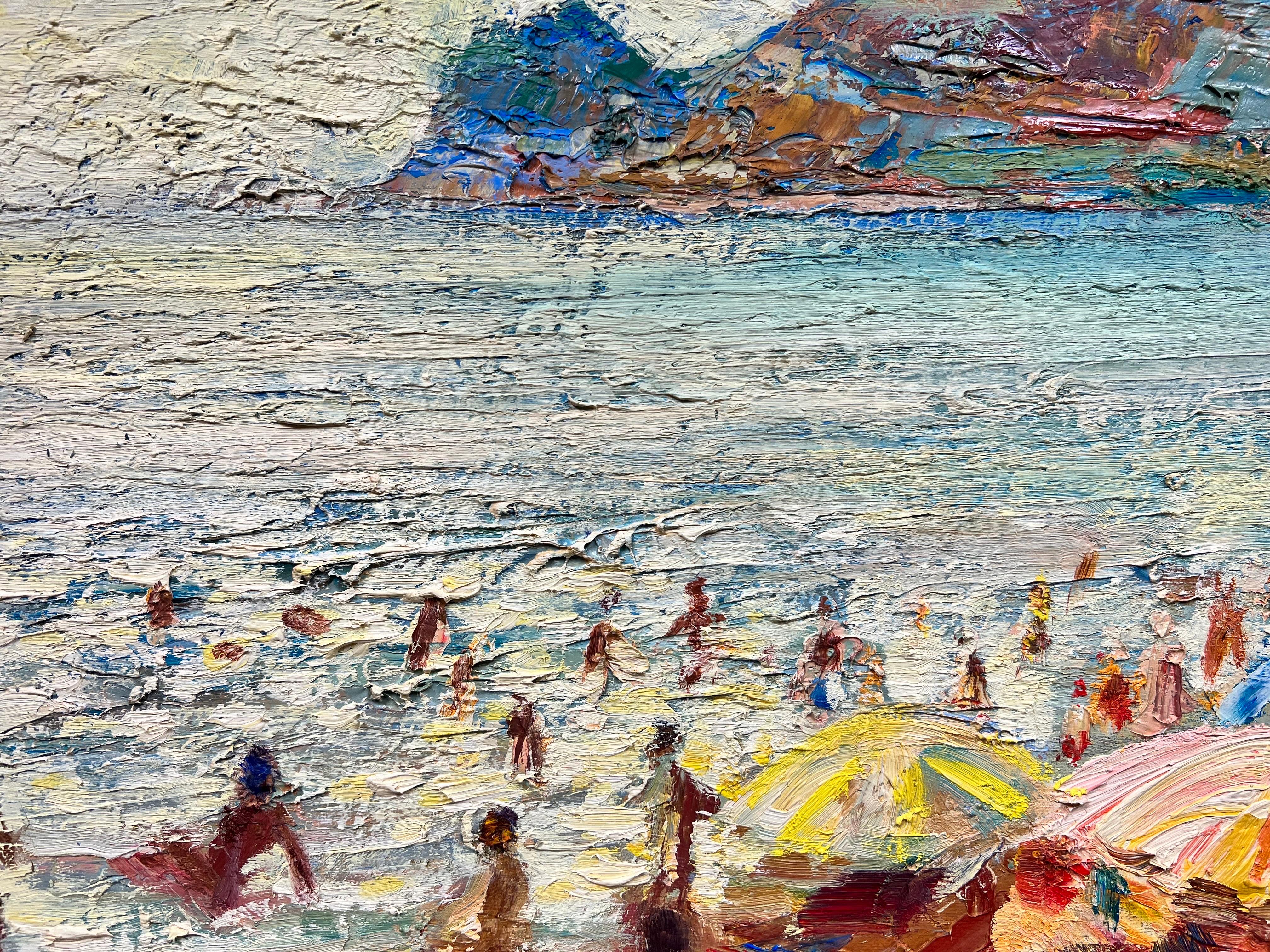 20th French Post Impressionist Oil Busy Summer Beach Scene Many Figures & Color For Sale 3