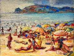 20th French Post Impressionist Oil Busy Summer Beach Scene Many Figures & Color