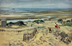 A Grey Day Down By The Beach With Figures, French Impressionist