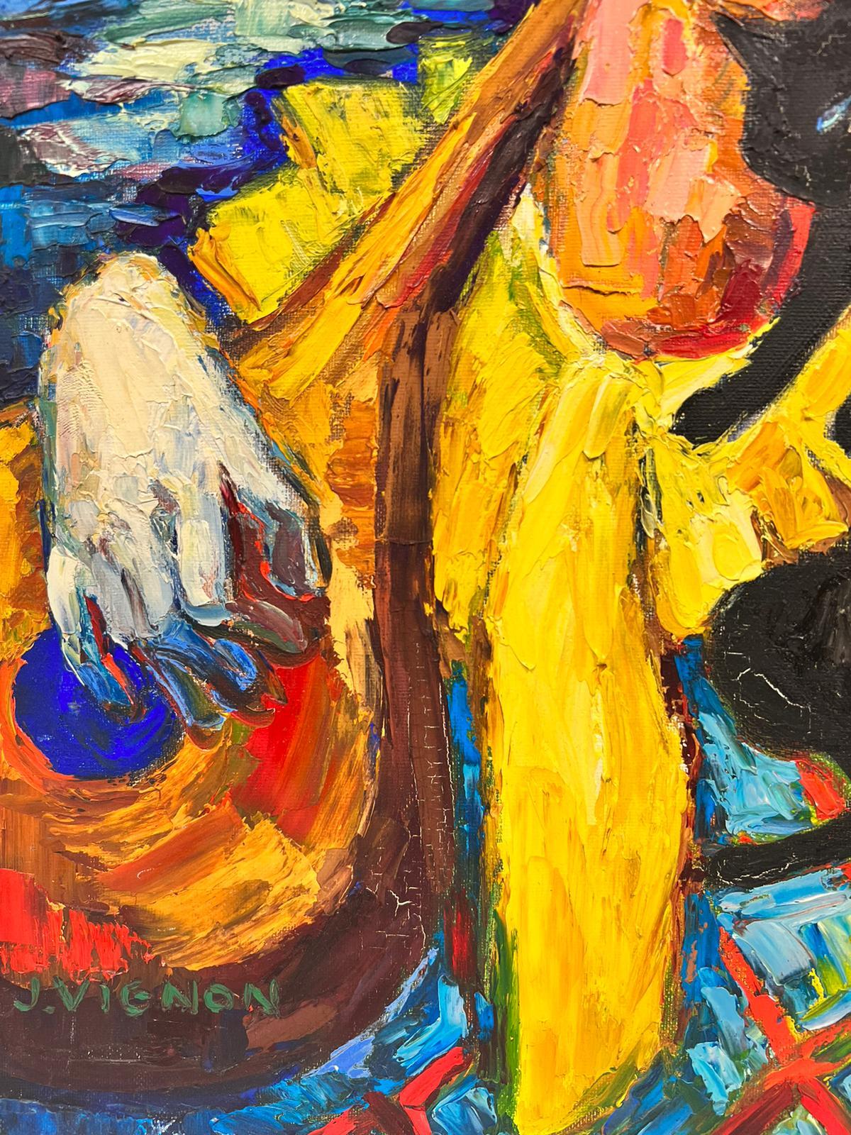 Tableau de clown abstrait jouant du clown, huile post-impressionniste signe de Tzouras  - Painting de Josine Vignon