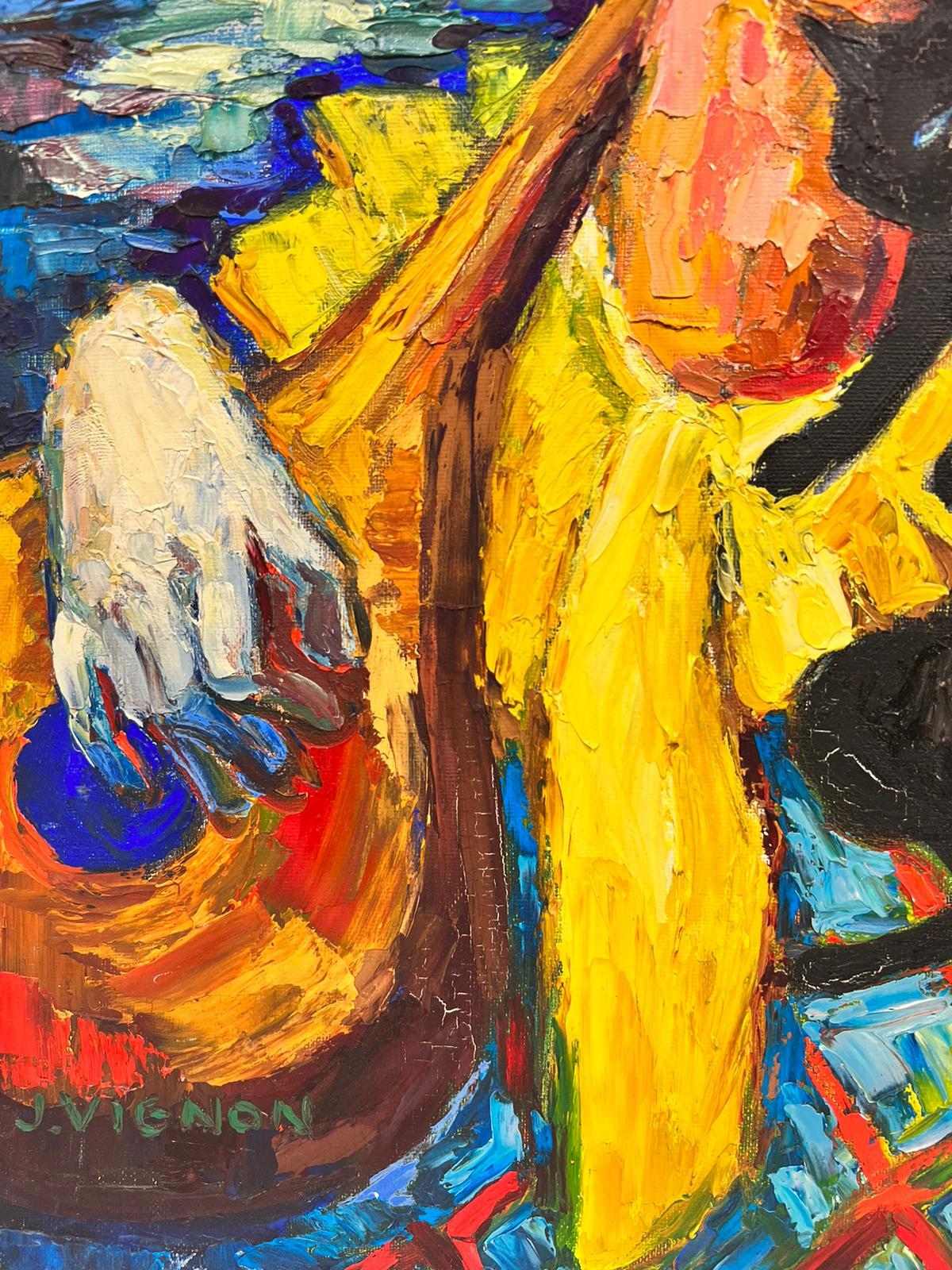 Personaggio astratto del clown che gioca a fare il Tzouras Olio post impressionista firmato - Painting di Josine Vignon