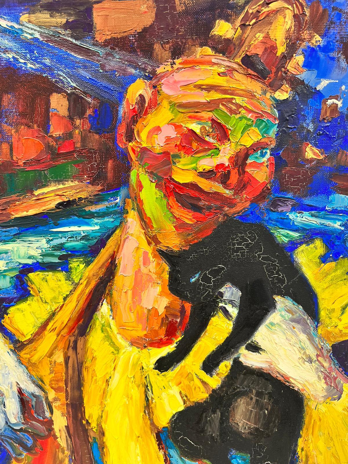 Tableau de clown abstrait jouant du clown, huile post-impressionniste signe de Tzouras  - Post-impressionnisme Painting par Josine Vignon
