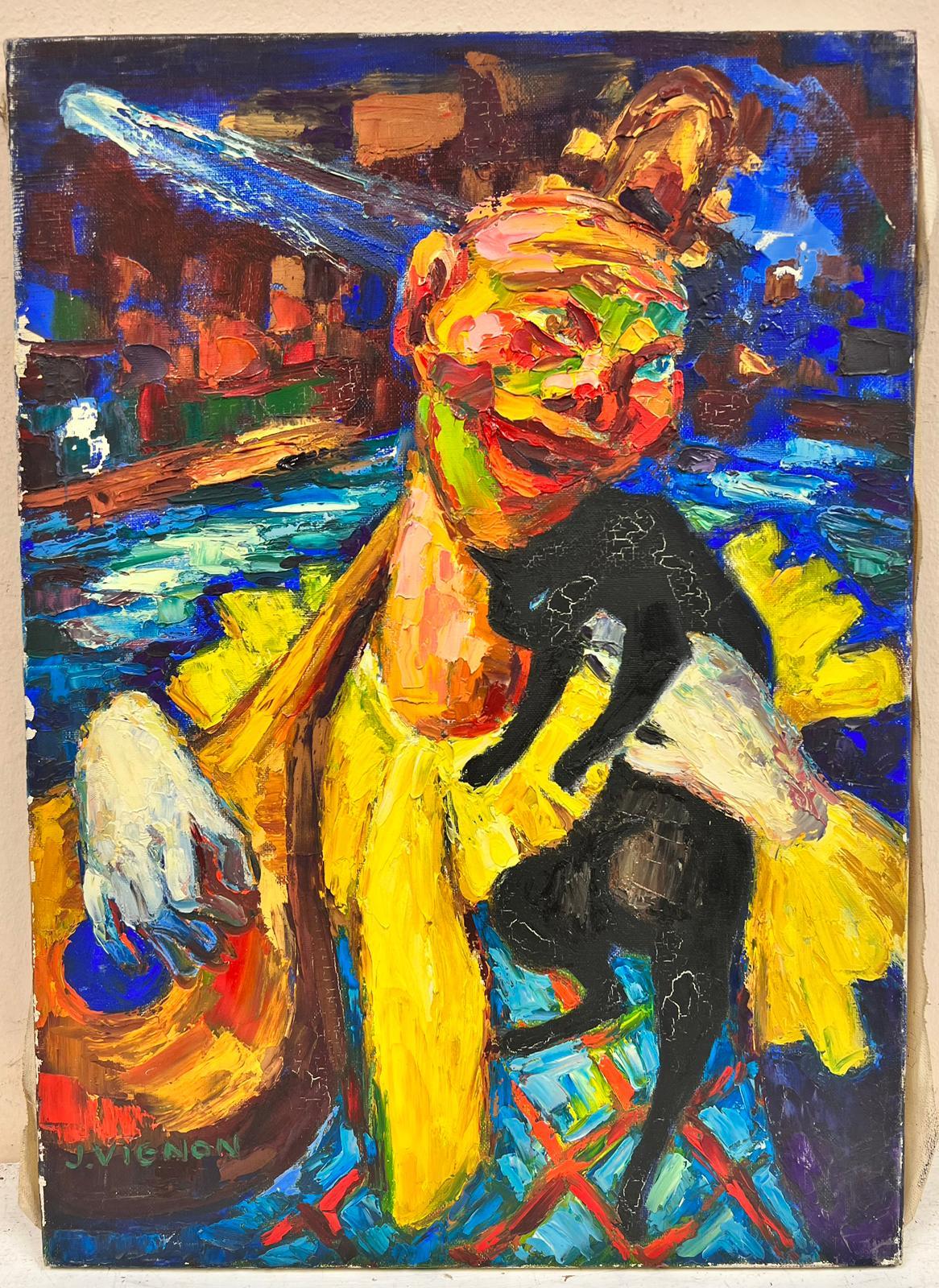 Personnage de clown
par Josine Vignon (française 1922-2022)
signé au recto et au verso
peinture à l'huile sur toile, non encadrée

toile : 18 x 13 pouces

Couleurs : Couleurs bleu foncé, jaune, rouge, vert et rose.

Très bon état.

Provenance : de