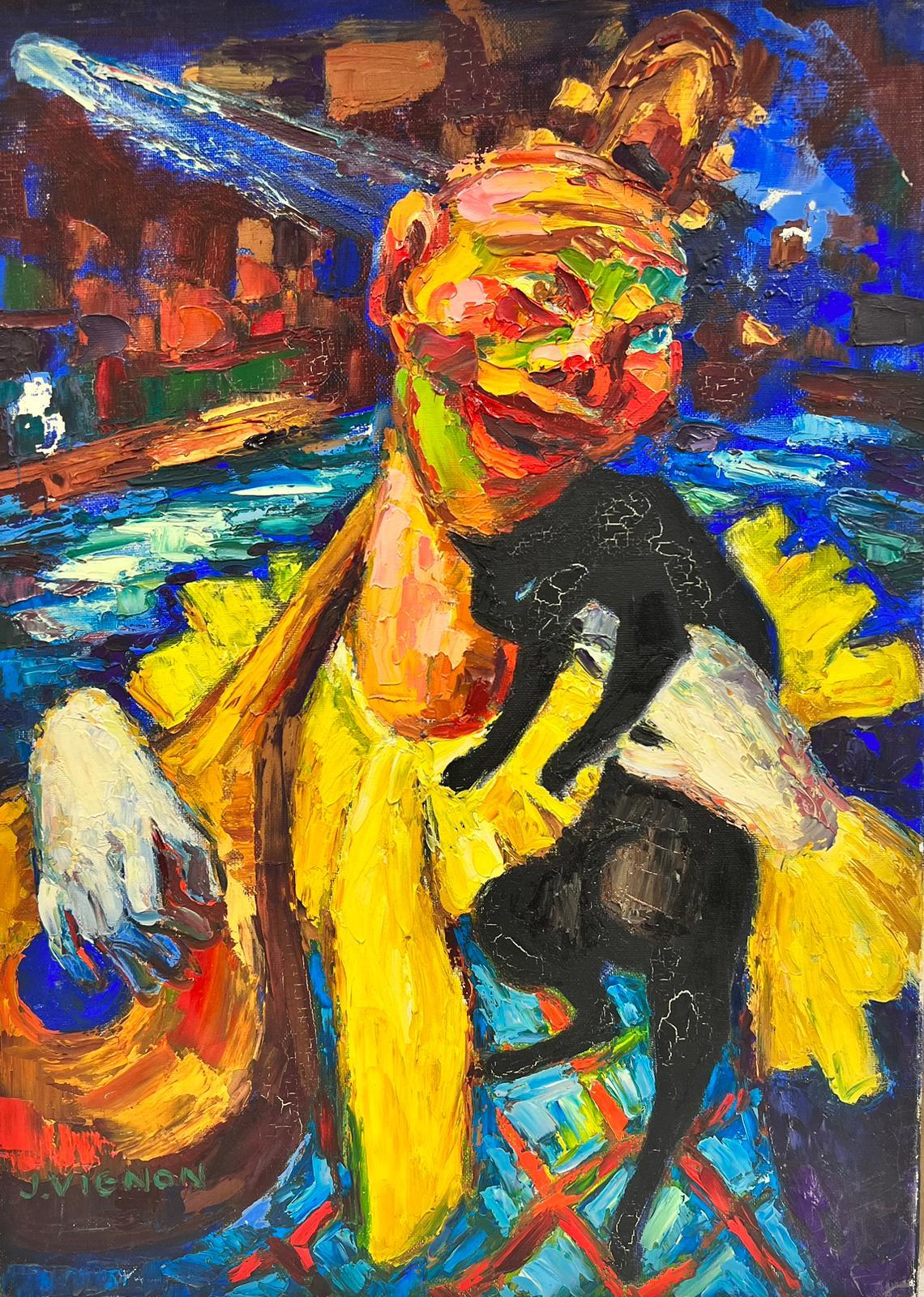 Josine Vignon Abstract Painting - Abstract Clown Character Playing The Tzouras Post Impressionist Signed Oil 