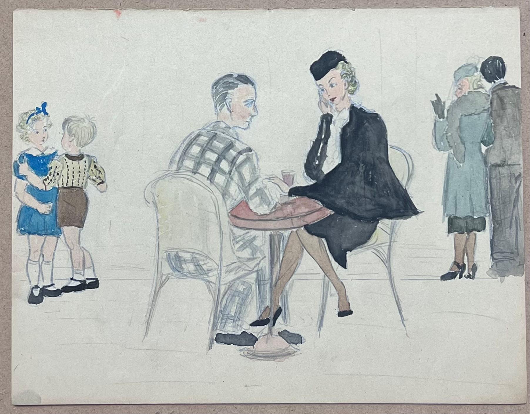 An Afternoon Cafe Scene of Figures Engaged in Conversations French Watercolour - Painting by Josine Vignon