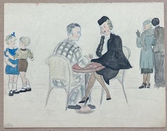 An Afternoon Cafe Scene of Figures Engaged in Conversations French Watercolour