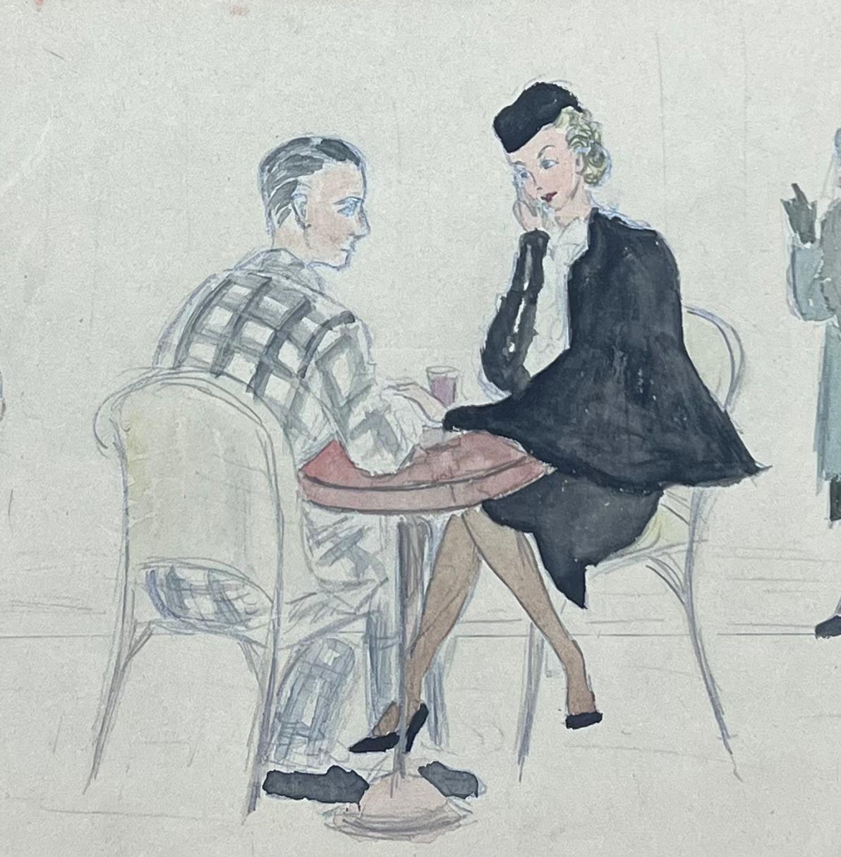 An Afternoon Cafe Scene of Figures Engaged in Conversations French Watercolour - Post-Impressionist Painting by Josine Vignon