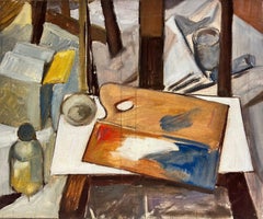 An Artists Tools Pallet and Easel Interior Scene French Oil 
