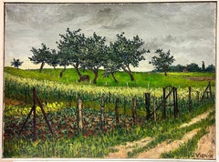 Animal broutant sous les arbres du verger Huile post-impressionniste française des années 1960