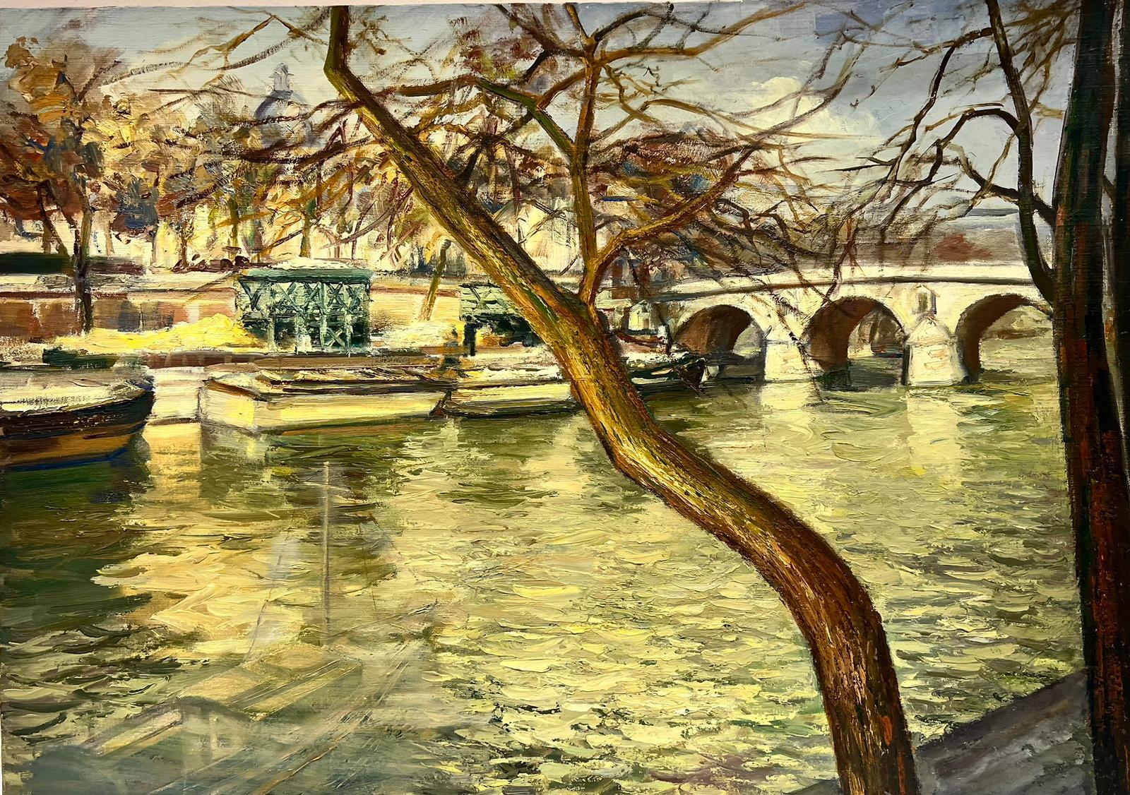 Josine Vignon Landscape Painting - Autumn Light in Paris Beautiful Atmospheric River Seine Boats View, French Oil 