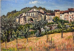 Bargemon Paisaje de pueblo provenzal Años 50 Óleo francés postimpresionista