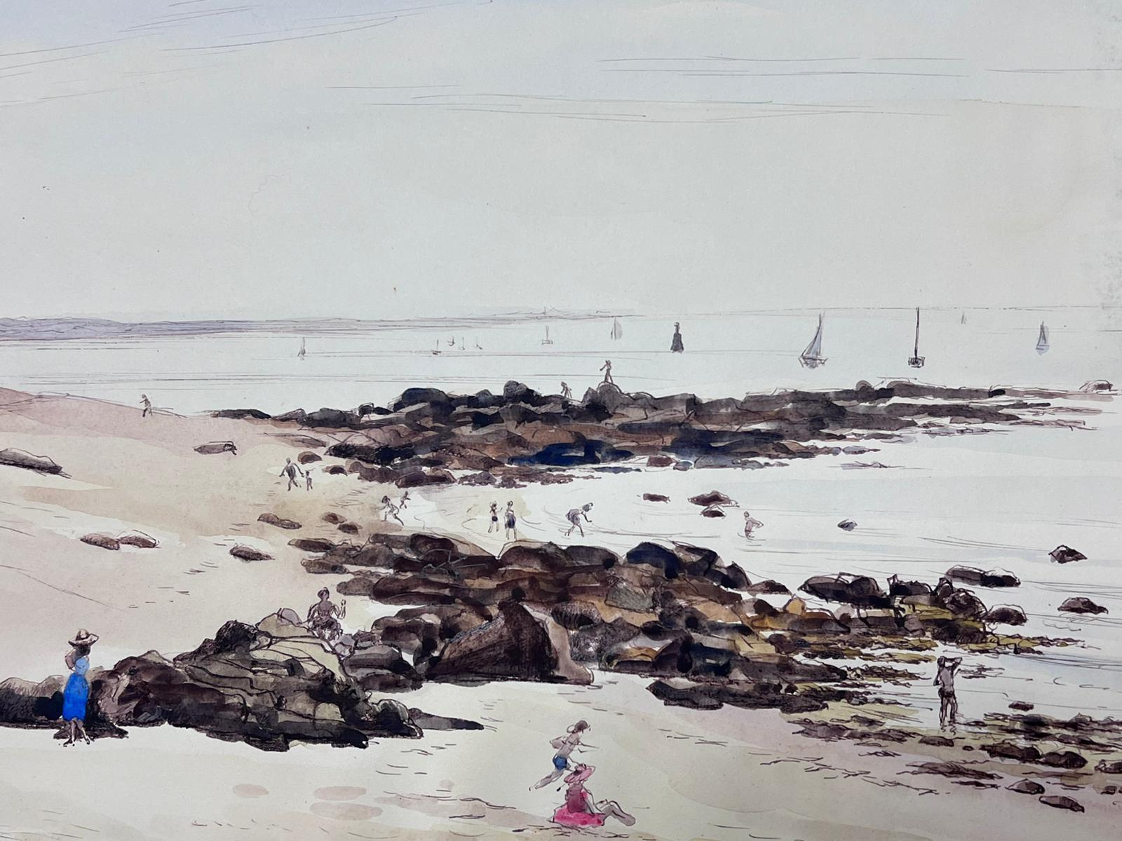 Strandszene mit Figuren, die Shoreline genießen, Gentle Waves, Segelboote – Painting von Josine Vignon