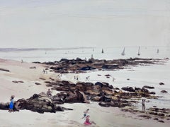 Beach Scene with Figures Enjoying the Shoreline Gentle Waves Sailing Boats