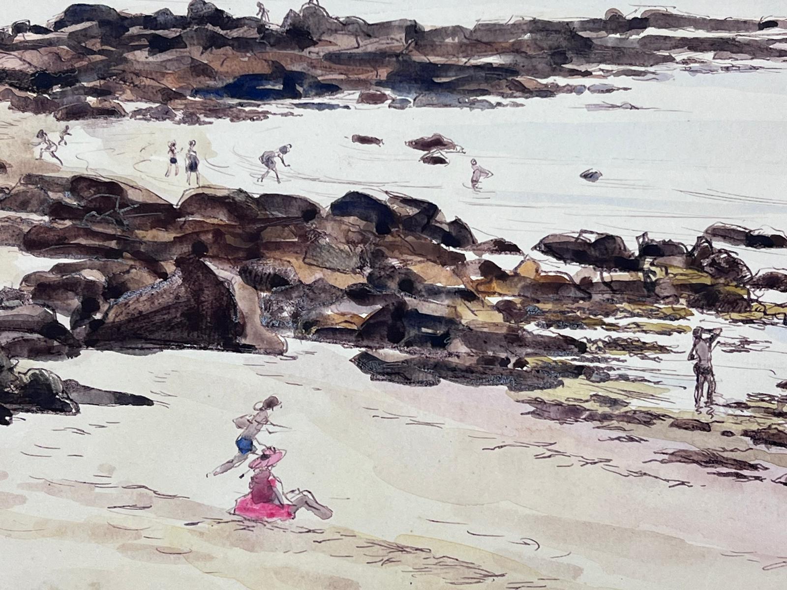 Strandszene mit Figuren, die Shoreline genießen, Gentle Waves, Segelboote (Impressionismus), Painting, von Josine Vignon