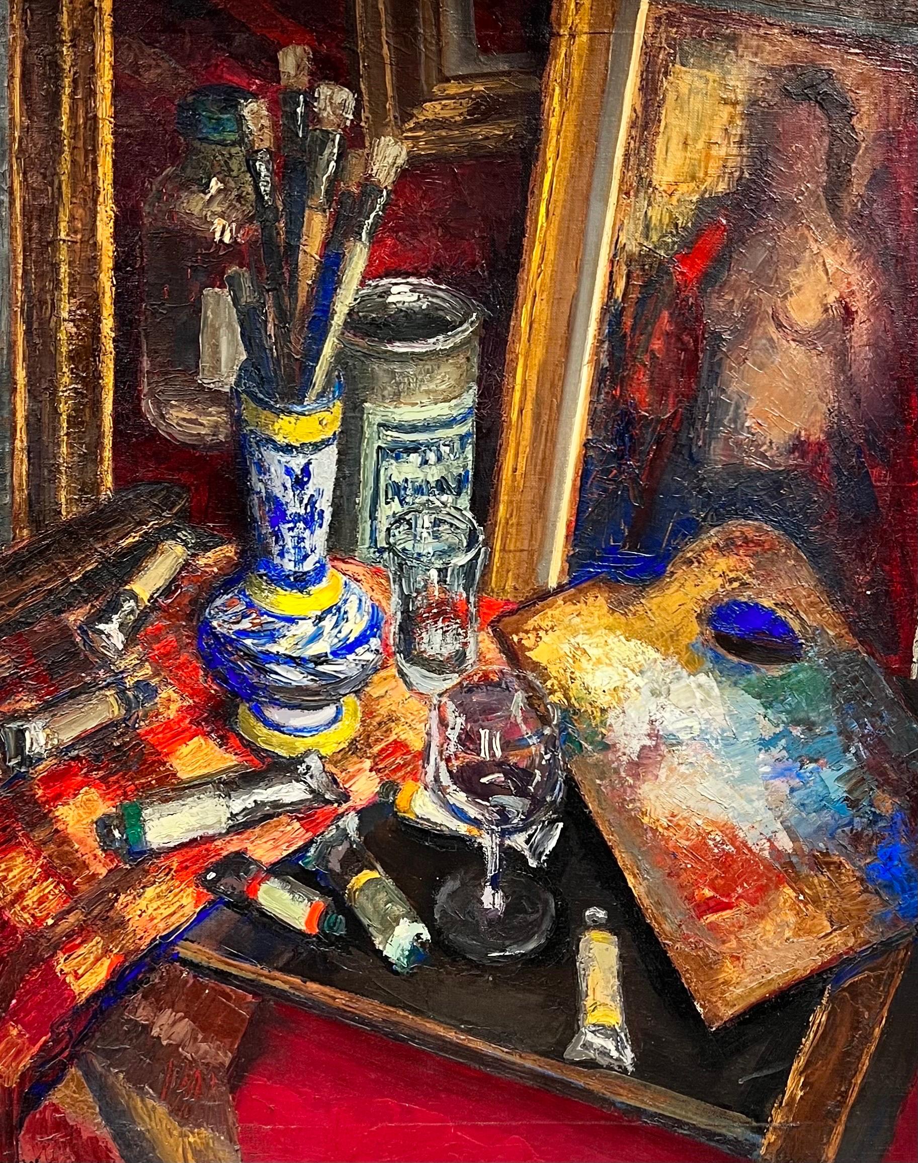 Magnifique huile post-impressionniste française des années 1960 « The Artists Studio Interior » - Painting de Josine Vignon