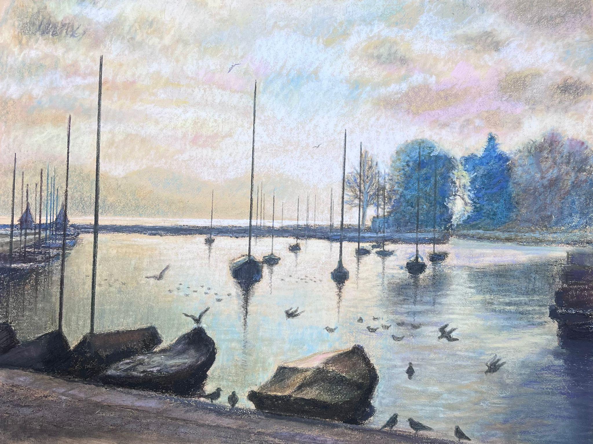 Birds Flying Over Dappled Light Over Still Harbour 1970s French Pastel Landscape For Sale 2