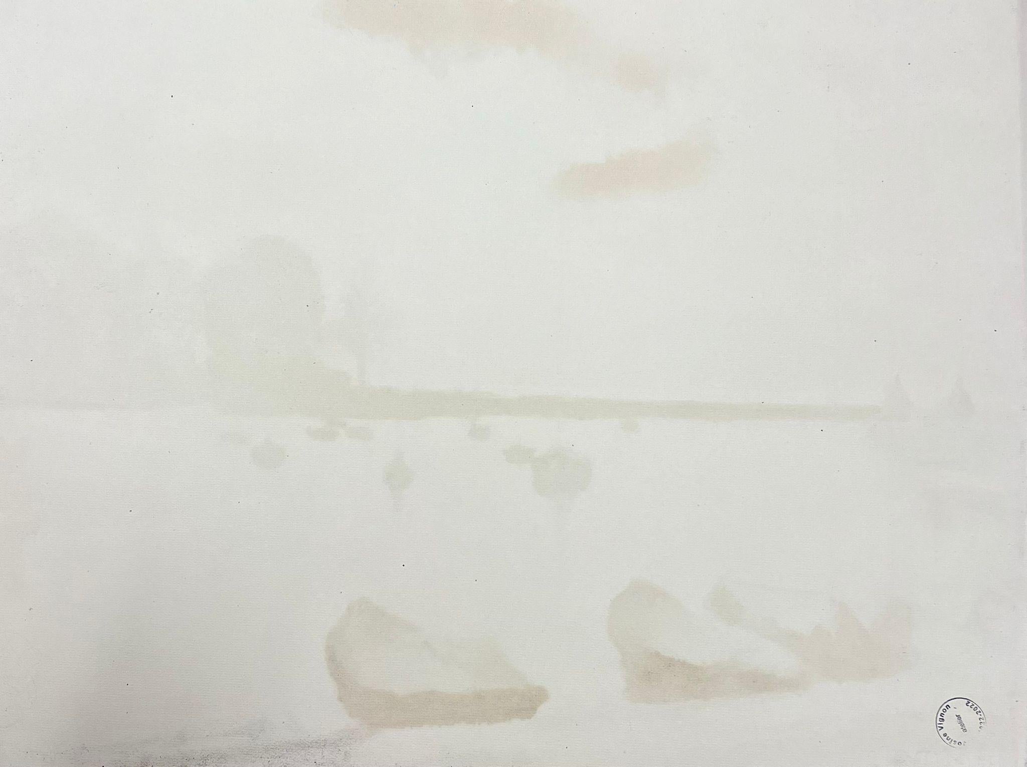 Vögel fliegen über Dappled Light Over Still Harbour 1970er Jahre Französisch Pastell-Landschaft im Angebot 2